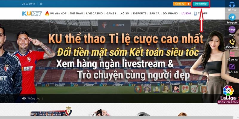 Vào website và chọn theo mũi tên để Đăng nhập Kubet88